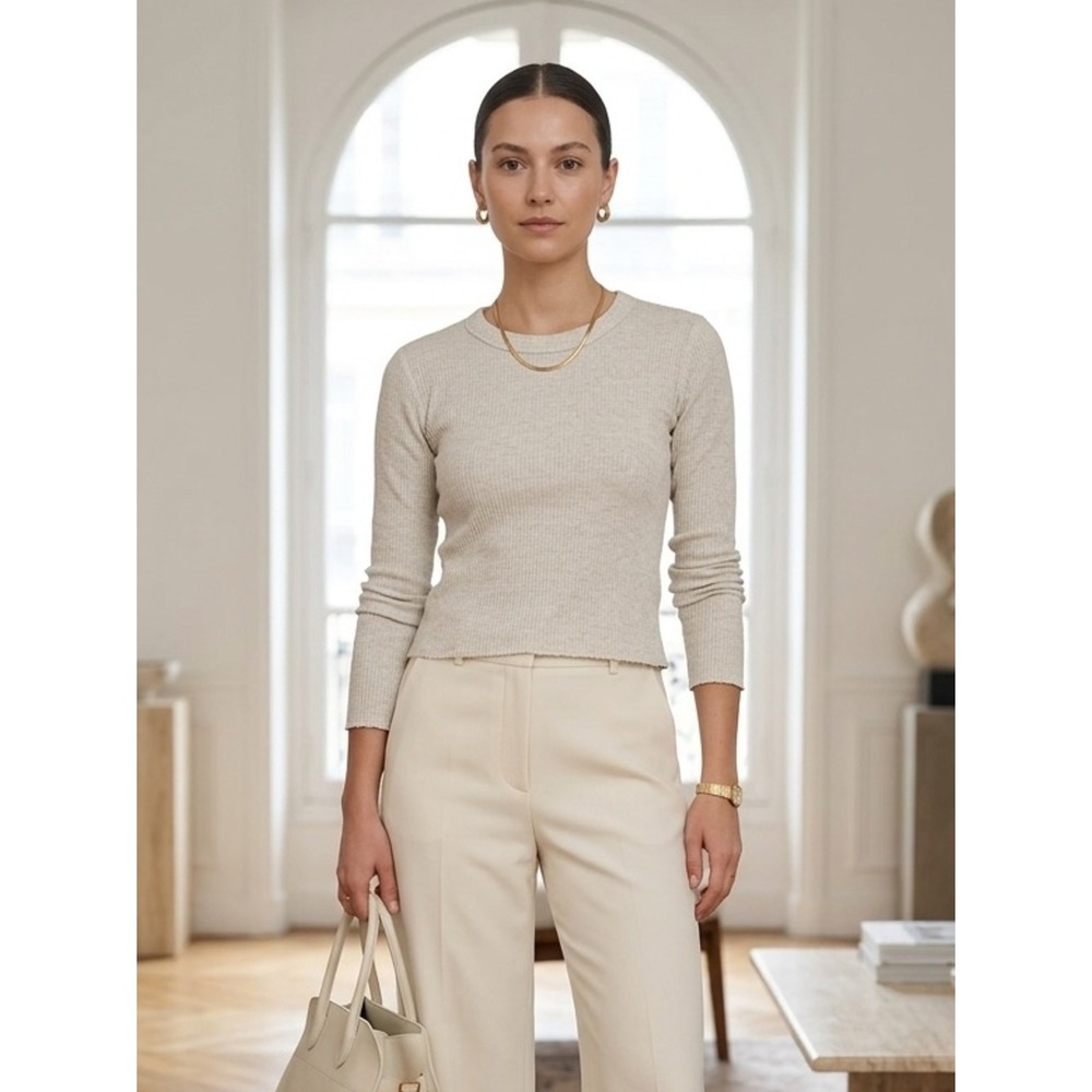MONROW Ribbed Long Sleeve Crewneck Top‎ Oatmeal Heather M Clean Girl Elevated